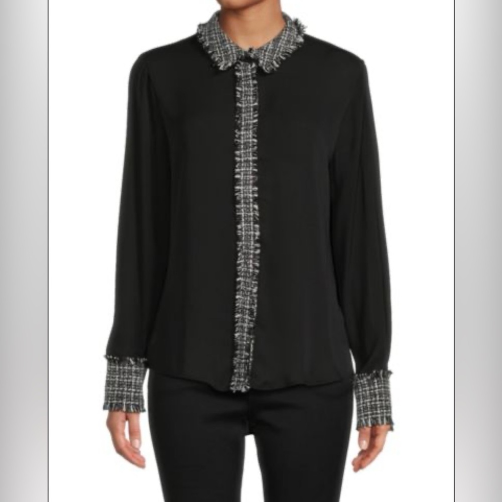 Ellen Tracy New without tags Black Blouse with Tweed Trim. Size M